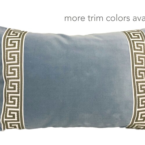 Light Blue Velvet Lumbar Pillow Cover With Gray Greek Key Trim Etsy