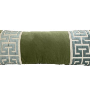 Extra Long Lumbar -SELECT TRIM COLOR - 14x36 Sage Velvet Pillow Cover with Large Greek Key