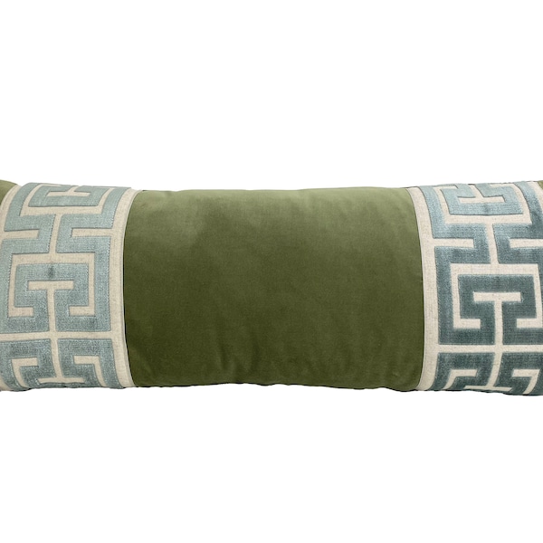 Extra Long Lumbar -SELECT TRIM COLOR - 14x36 Sage Velvet Pillow Cover with Large Greek Key