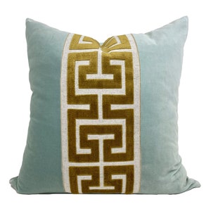 Aqua Mist Velvet Pillow Cover with Large Greek Key Trim SELECT TRIM COLOR Gold