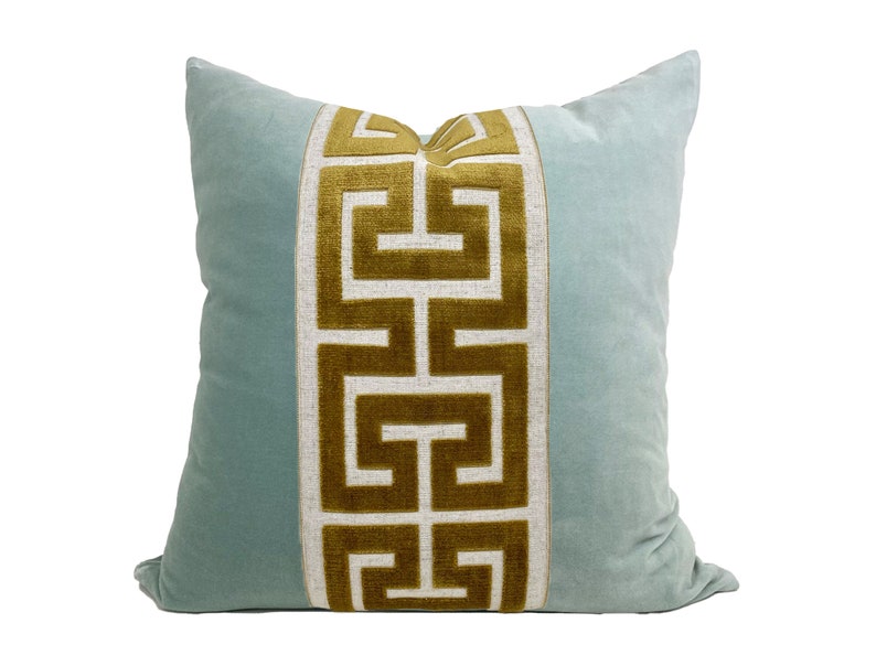 Aqua Mist Velvet Pillow Cover with Large Greek Key Trim SELECT TRIM COLOR Gold