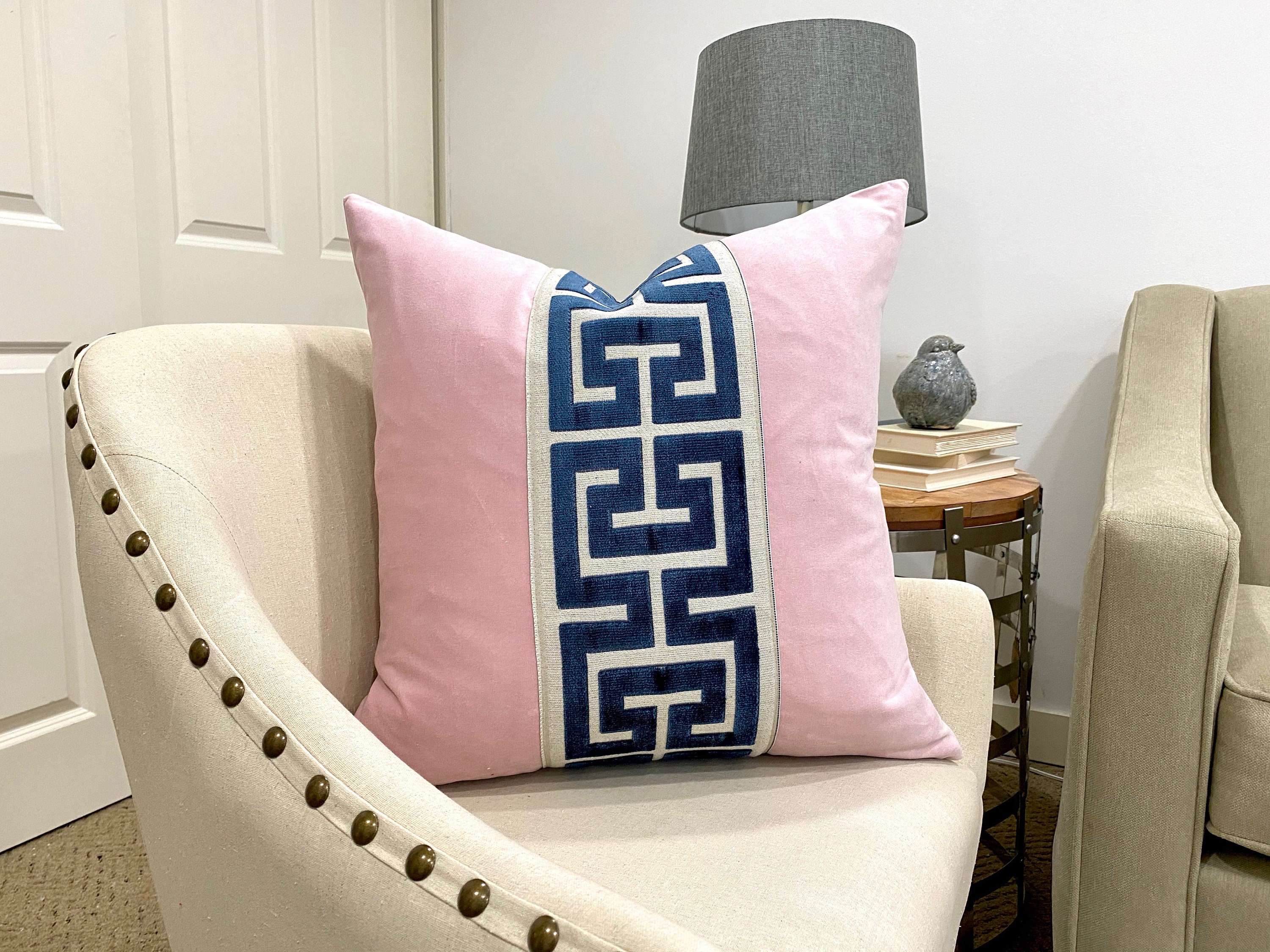 Light Pink Velvet Pillow Cover With Large Navy Greek Key Trim Etsy