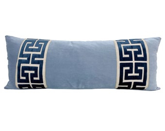 Light Blue Velvet Extra Long Lumbar Pillow Cover with Large Greek Key Trim - SELECT TRIM COLOR