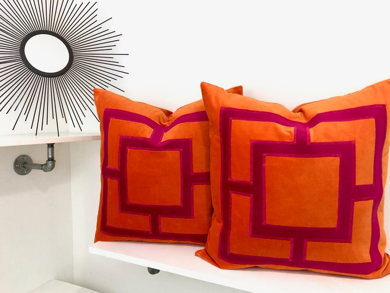 Orange and Fuchsia Pink Square Applique Pillow Cover image 4