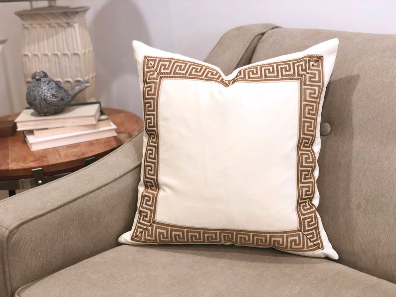 OffWhite Pillow Cover with Gold Greek Key Trim Ivory Velvet Etsy