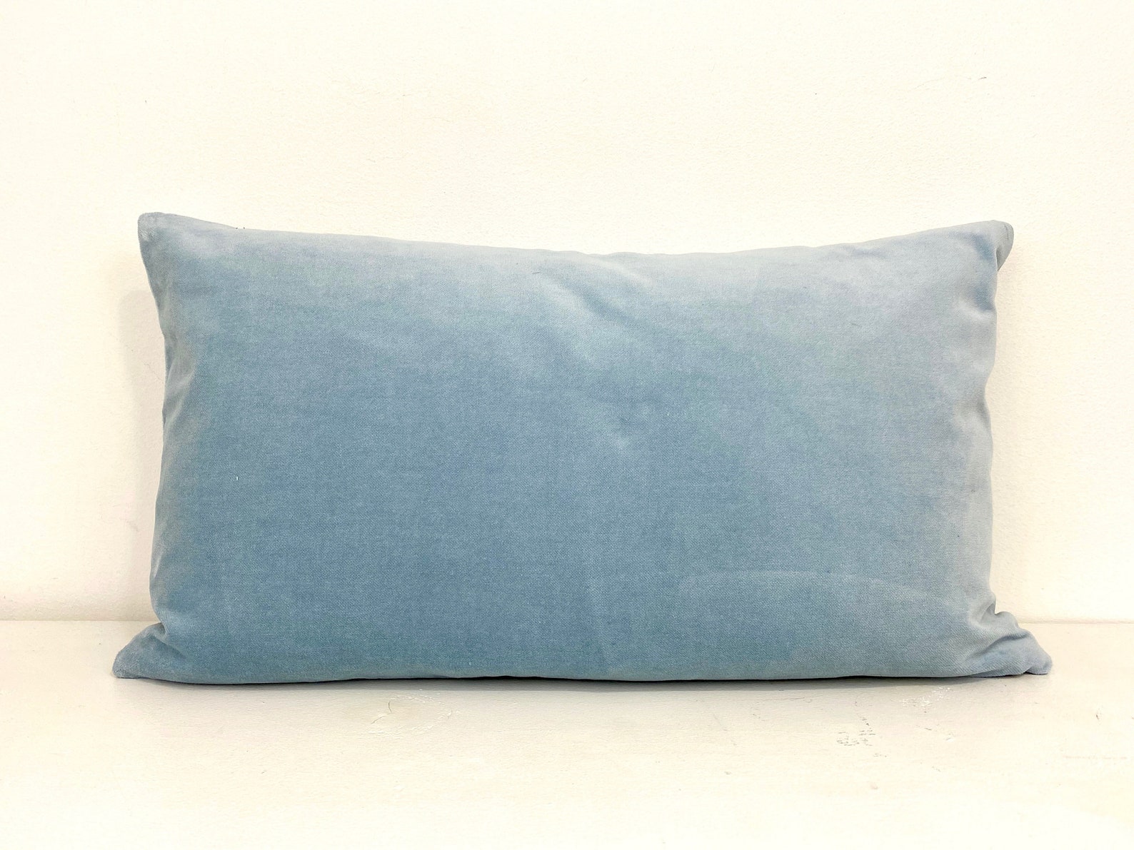 Light Blue Velvet Lumbar Pillow Cover With Green Greek Key Etsy