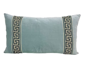 Aqua Mist Velvet Lumbar Pillow Cover with Greek Key Trim - SELECT TRIM COLOR