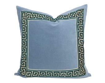 Light Blue Velvet Square Pillow Cover with Greek Key Trim - SELECT TRIM COLOR
