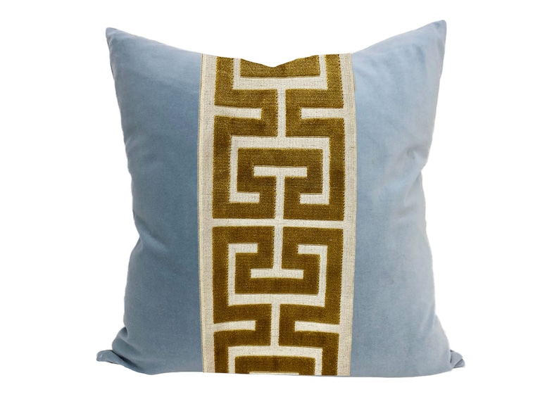 Light Blue Velvet Lumbar Pillow Cover With Large Greek Key Etsy