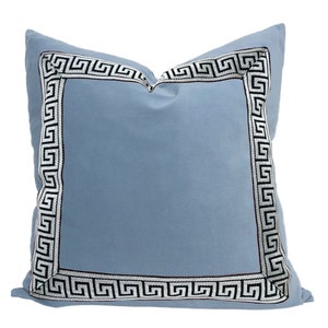 Light Blue Velvet Square Pillow Cover with Two-Inch Greek Key Trim SELECT TRIM COLOR black and white