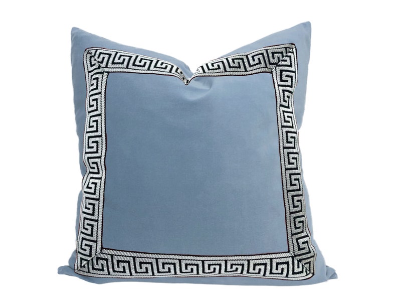 Light Blue Velvet Square Pillow Cover with Two-Inch Greek Key Trim SELECT TRIM COLOR black and white