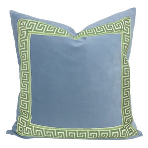 Light Blue Velvet Square Pillow Cover with Two-Inch Greek Key Trim SELECT TRIM COLOR green