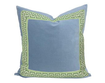 Light Blue Velvet Square Pillow Cover with Two-Inch Greek Key Trim - SELECT TRIM COLOR