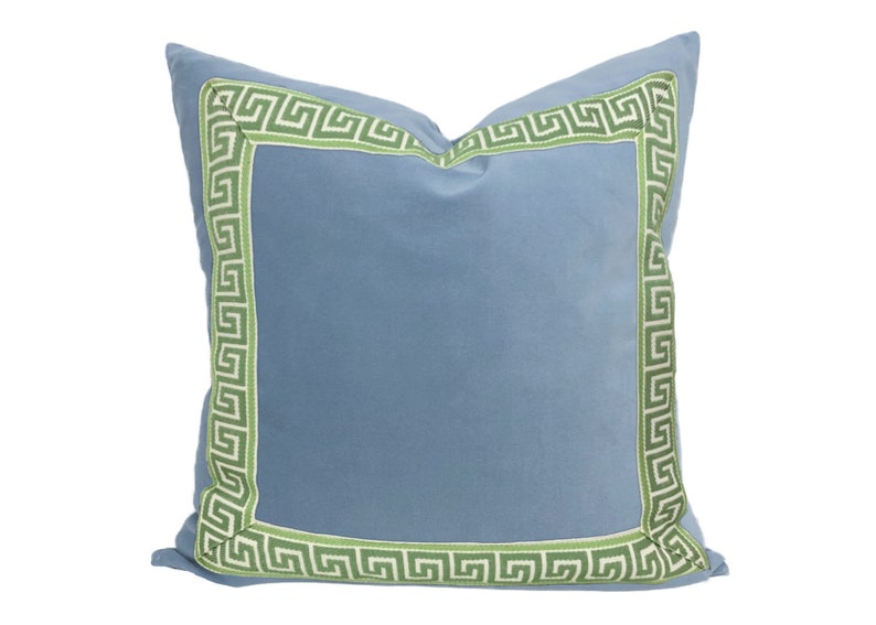 Light Blue Velvet Square Pillow Cover with Two-Inch Greek Key Trim SELECT TRIM COLOR green