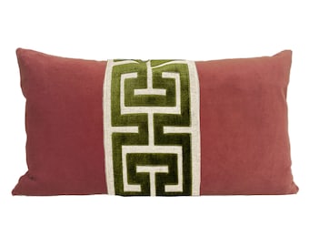 Brick Red Velvet Lumbar Pillow Cover with Large Greek Key Trim - Dark Coral Pillow Cover - SELECT TRIM COLOR