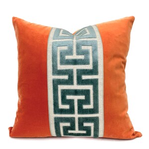 Orange Velvet Square Pillow Cover with Large Greek Key Trim SELECT TRIM COLOR Mist