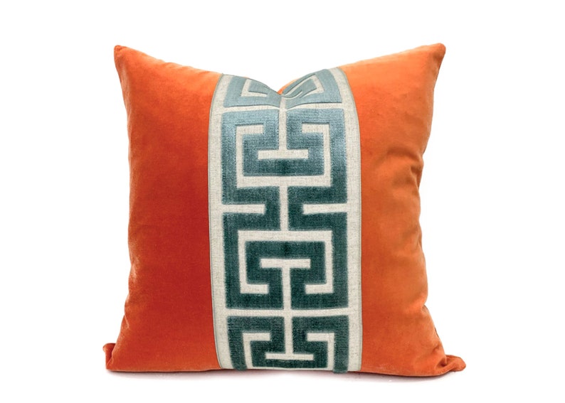 Orange Velvet Square Pillow Cover with Large Greek Key Trim SELECT TRIM COLOR Mist