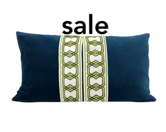 SALE Navy Blue Lumbar Pillow Cover with GREEN Hexagon Trim, size 11x15