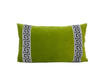 Lime Green Velvet Lumbar Pillow Cover with Greek Key Trim SELECT TRIM  COLOR