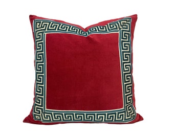 Red Velvet Pillow Cover with Greek Key Trim - SELECT TRIM COLOR