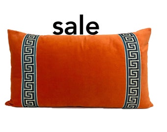 SALE Orange Lumbar Pillow Cover with NAVY Greek Key Trim - size 13x19