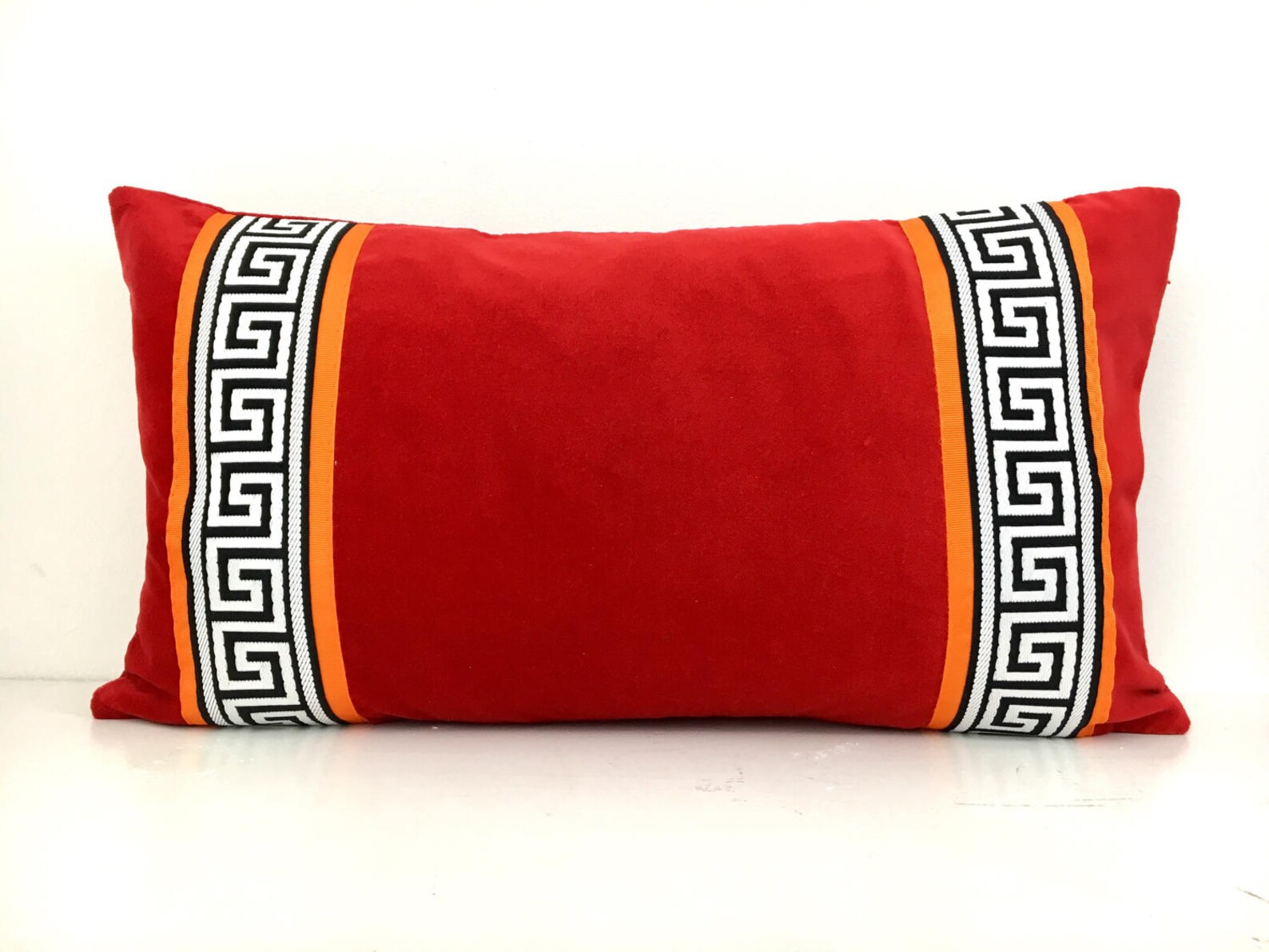 Red Pillow Cover Red Velvet Pillow Cover With Greek Key Trim Etsy