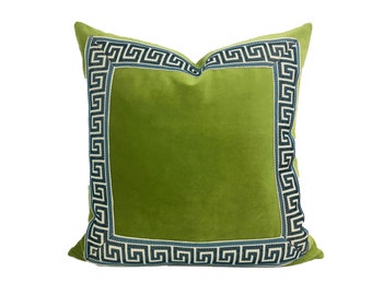 Lime Green Velvet Square Pillow Cover with Greek Key Trim - SELECT TRIM COLOR