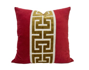 Red Velvet Pillow Cover with Large Greek Key Trim - SELECT TRIM COLOR