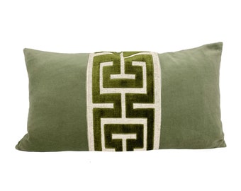 Sage Green Velvet Lumbar Pillow Cover with Large Greek Key Trim - SELECT TRIM COLOR