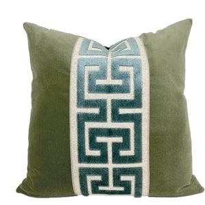 Sage Green Square Velvet Pillow Cover with Large Greek Key SELECT TRIM COLOR Mist