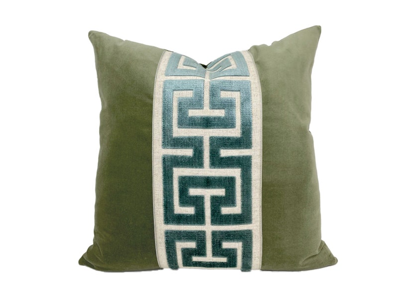 Sage Green Square Velvet Pillow Cover with Large Greek Key SELECT TRIM COLOR Mist