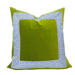 Lime Green Velvet Pillow Cover with Greek Key SELECT TRIM COLOR Sky