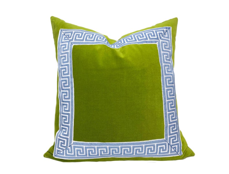 Lime Green Velvet Pillow Cover with Greek Key SELECT TRIM COLOR Sky