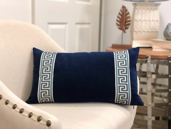 Navy Pillow Cover Blue Velvet Lumbar Pillow With Navy Greek Etsy