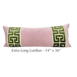 Light Pink Extra Long Velvet Pillow Cover with Large GREEN Greek Key Trim