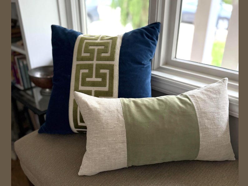 Navy Blue Velvet Pillow Cover with Large GREEN Greek Key Trim image 2