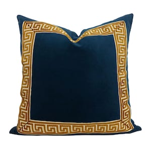 Navy Blue Velvet Square Pillow Cover With Gold Greek Key Trim Etsy