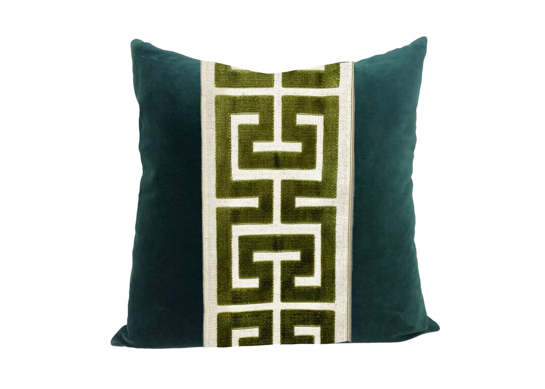 Forest Green Velvet Pillow Cover With Large Greek Key shown Etsy