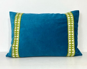 Sale! Turquoise Velvet Lumbar Pillow Cover with Lime Green Trim