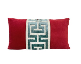 Red Velvet Lumbar Pillow Cover with Large Greek Key Trim - SELECT TRIM COLOR