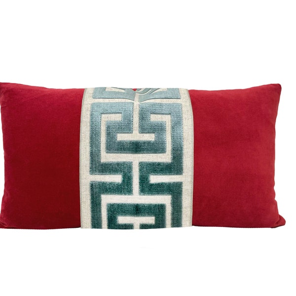 Red Velvet Lumbar Pillow Cover with Large Greek Key Trim - SELECT TRIM COLOR