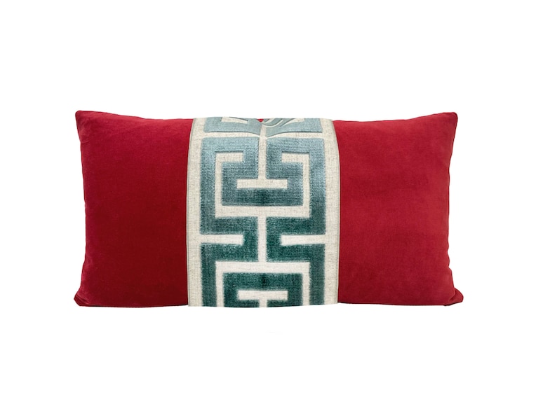 Red Velvet Lumbar Pillow Cover with Large Greek Key Trim SELECT TRIM COLOR Mist