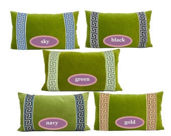 Lime Green Velvet Lumbar Pillow Cover with Greek Key Trim - SELECT TRIM COLOR