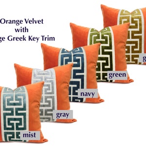 Orange Velvet Square Pillow Cover with Large Greek Key Trim SELECT TRIM COLOR image 2