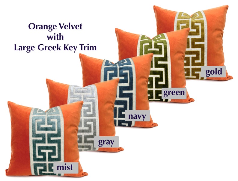 Orange Velvet Square Pillow Cover with Large Greek Key Trim SELECT TRIM COLOR image 2