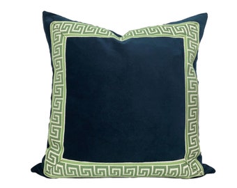 Navy Velvet Square Pillow Cover with Greek Key Trim  - SELECT TRIM COLOR