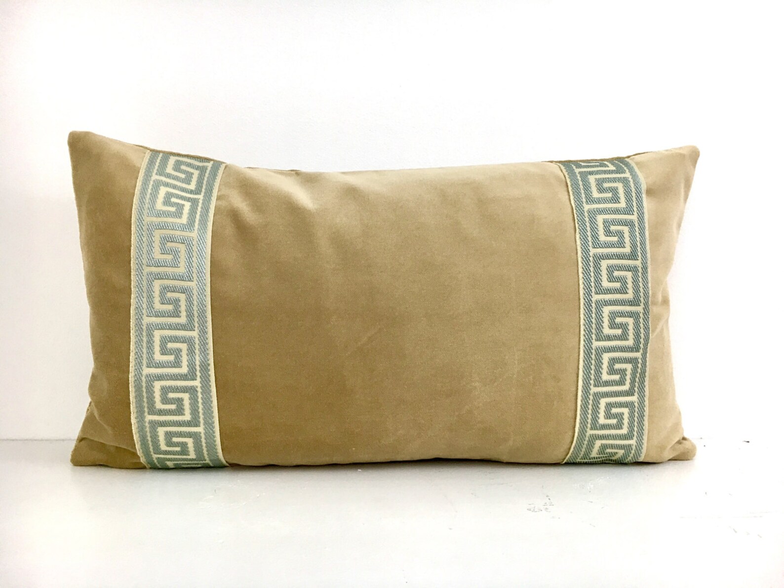 Tan Pillow Cover Tan Velvet Lumbar Pillow with Mist Greek Key Etsy