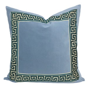 Light Blue Velvet Square Pillow Cover with Two-Inch Greek Key Trim SELECT TRIM COLOR navy