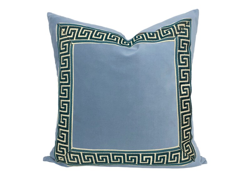 Light Blue Velvet Square Pillow Cover with Two-Inch Greek Key Trim SELECT TRIM COLOR navy