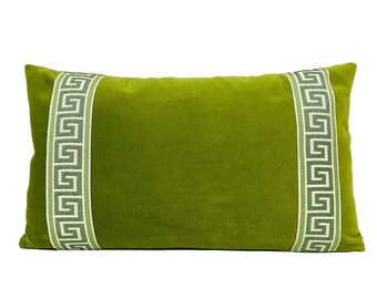 Lime Green Velvet Lumbar Pillow Cover with Greek Key Trim - SELECT TRIM COLOR